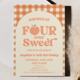 Small Four Ever Sweet Peach Orange 4th Birthday Party Invitation Front View