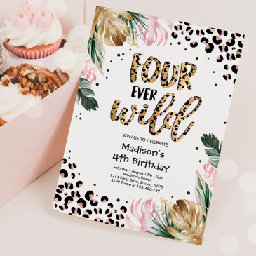 four ever wild leopard print 4th birthday party invitation