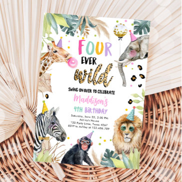 four ever wild safari party animals 4th birthday invitation