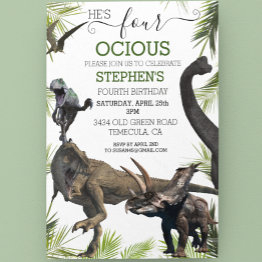 Small Four Fourth Dinosaur Tyrannosaurus Raptor Birthday Invitation Front View