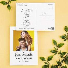 Small Free Drinks Funny Save The Date Photo Postinvitations Front View