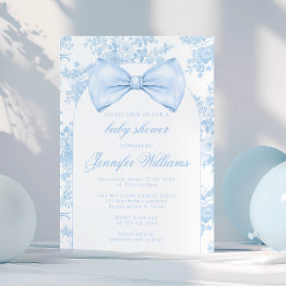Small French Blue Toile Bow Tie Boho Baby Boy Shower Invitation Front View