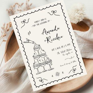french hand drawn whimsical fun all in one wedding invitation