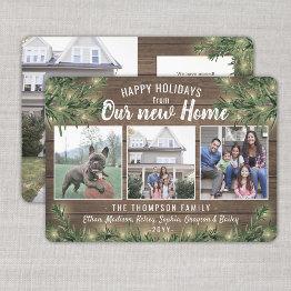 Small From New Home 4 Photo Christmas Greenery & Lights Holiday Invitations Front View