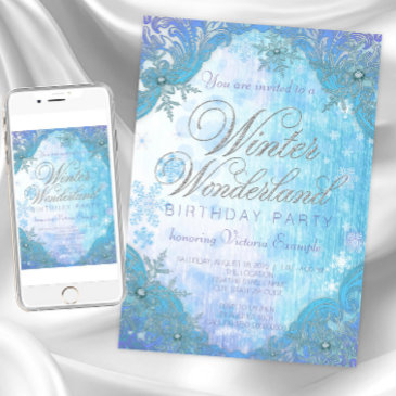 frozen snowflake winter wonderland birthday party invitation