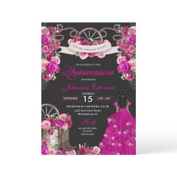 fuchsia & black cowgirl western charro quinceanera invitation