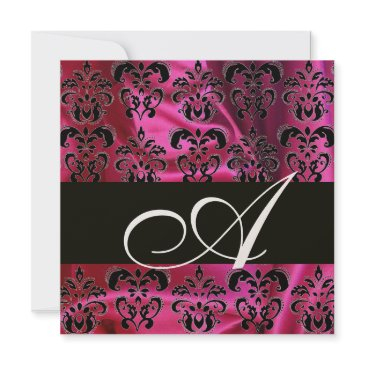 fuchsia black silk damask monogram , gold metal invitation
