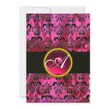 fuchsia black silk damask ruby monogram ,white invitation