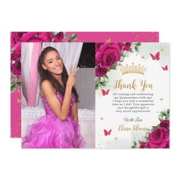 fuchsia hot pink floral quinceañera sweet 16 photo thank you invitations