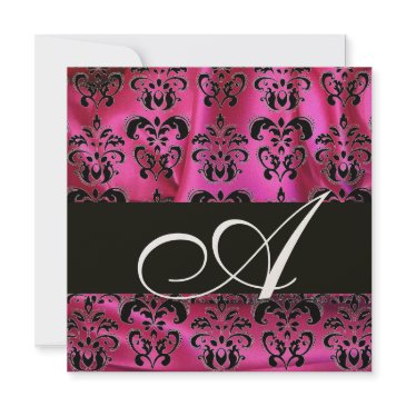 fuchsia pink black damask cloth monogram champagne invitation