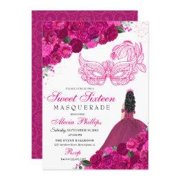 Small Fuchsia Pink Floral Masquerade Sweet 16 Invitation Front View
