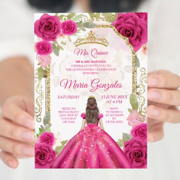 fuchsia pink rose & dress charra mis xv anos invitation