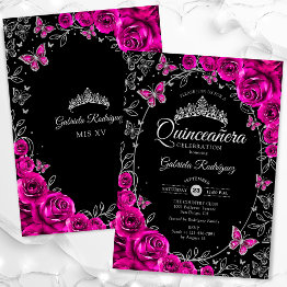 Small Fuchsia Pink Silver Black Quinceanera Invitation Front View