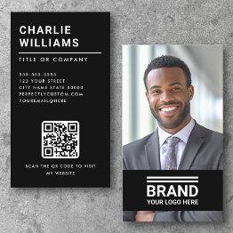 Small Full Photo Logo Modern Minimal Qr Code Black Business Invitations Front View