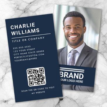 full photo logo modern minimal qr code dark blue business invitations