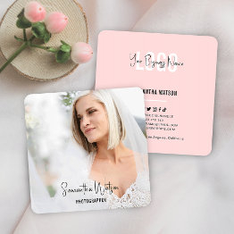 Small Full Photo Pale Pink Feminine Modern Photography Square Business Invitations Front View