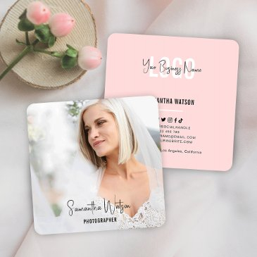full photo pale pink feminine modern photography square business invitations
