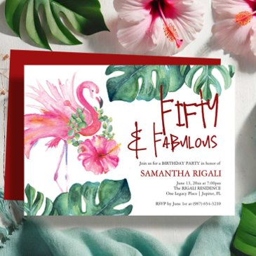 fun 50th birthday invitation tropical flamingo