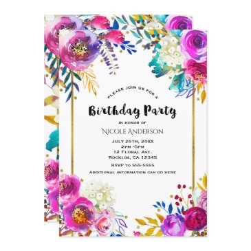 fun bright bold watercolor floral birthday party invitation