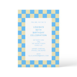 Small Fun Checkerboard Light Blue Geometric Birthday Invitation Front View