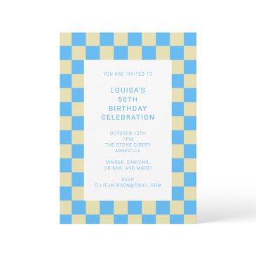 fun checkerboard light blue geometric birthday invitation