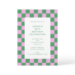 Small Fun Checkerboard Pink Green Geometric Birthday Invitation Front View