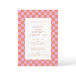 Small Fun Checkerboard Pink Orange Geometric Birthday Invitation Front View