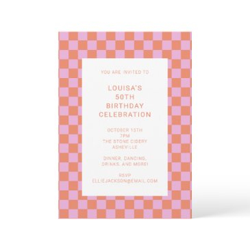 fun checkerboard pink orange geometric birthday invitation