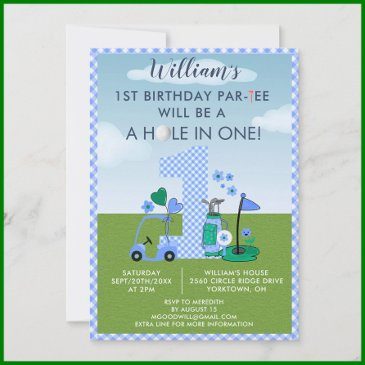 fun golf blue 1st birthday par-tee invitation