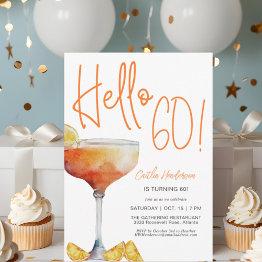 Small Fun Modern Orange Hello 60th Birthday Invitation Front View