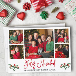Small Fun Red Calligraphy 5 Photo Feliz Navidad Holiday Invitations Front View