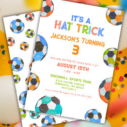 Small Fun Soccer Hat Trick 3rd Birthday Invitation Front View