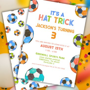 fun soccer hat trick 3rd birthday invitation