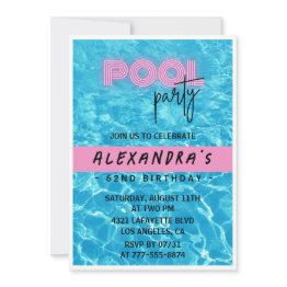 Small Fun Tropical Pink Pool Party 62nd Birthday Invitation Front View