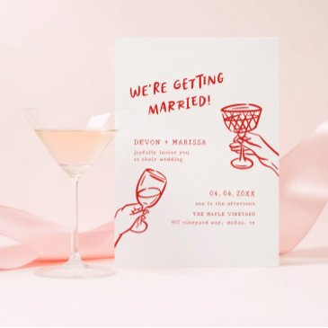 funky red fun getting married illustrated wedding invitation