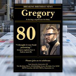Small Funny 80th Birthday Retro Black Gold Newspaper Invitation Front View