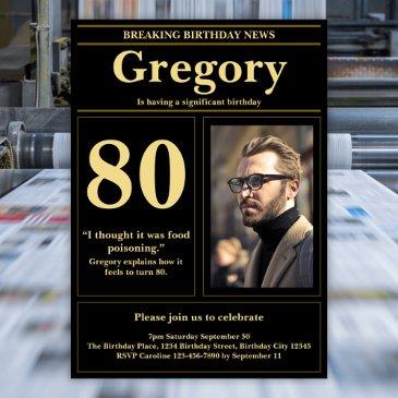 funny 80th birthday retro black gold newspaper invitation