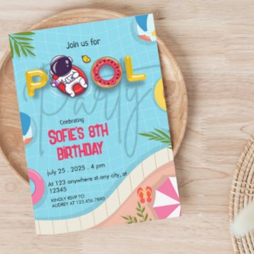 funny astronaut pool party birthday invitation