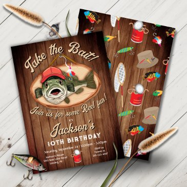 funny bass fish reel fun birthday party invitation