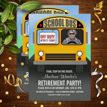 funny cartoon school bus driver retirement party invitation