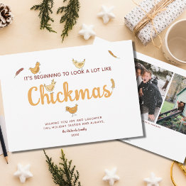 Small Funny Chicken Christmas Two Photo Holiday Invitations Front View