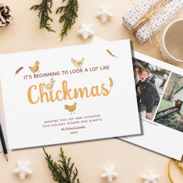 funny chicken christmas two photo holiday invitations