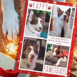 Small Funny Dog 4 Photo Collage Yappy Pawlidays Red Holiday Invitations Front View