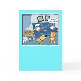 Small Funny Dog Watches Cat Destroy Room Birthday Invitations Front View