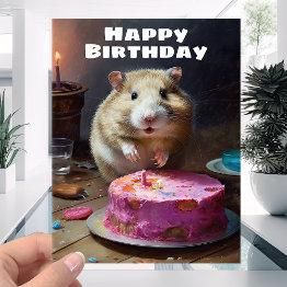 Small Funny Fat Hamster And Candle Cake - Happy Birthday Invitations Front View
