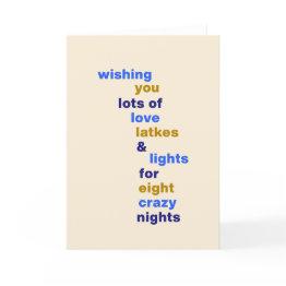 Small Funny Hanukkah Love Latkes Lights In Blue Holiday Invitations Front View