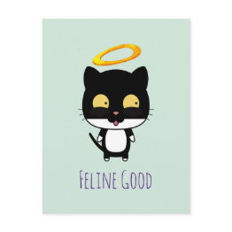 Small Funny Pun Black Cat With A Golden Halo Cartoon Postinvitations Front View
