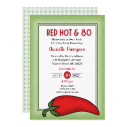 Small Funny Red Hot 80th Birthday Invitations Front View