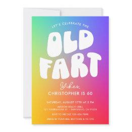 Small Funny Retro Rainbow Old Fart Any Age Birthday Invitation Front View