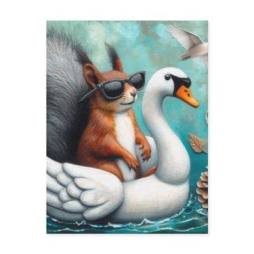 funny squirrel on an inflatable swan postinvitations